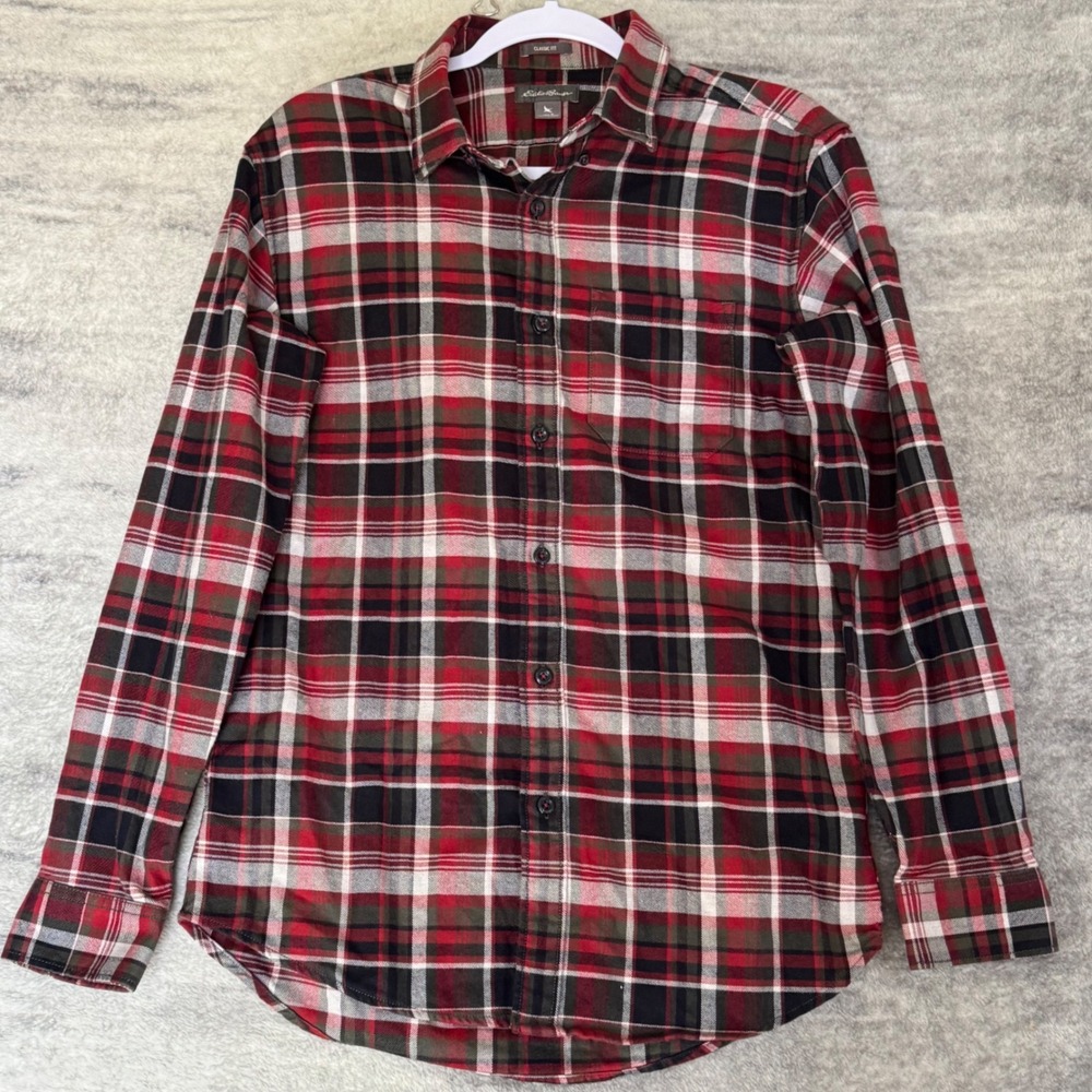 Eddie Bauer Men Small Classic Fit Plaid Button Down Shirt Red Black White Cotton